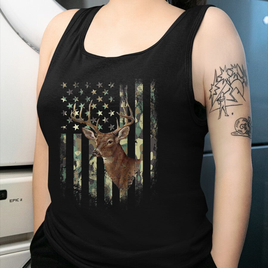 Funny Hunting Shirt, Gift For Hunting Lover Unisex T-Shirt/Hoodie/Sweatshirt HLT00 - American Flag Deer Hunting Camo T-Shirt